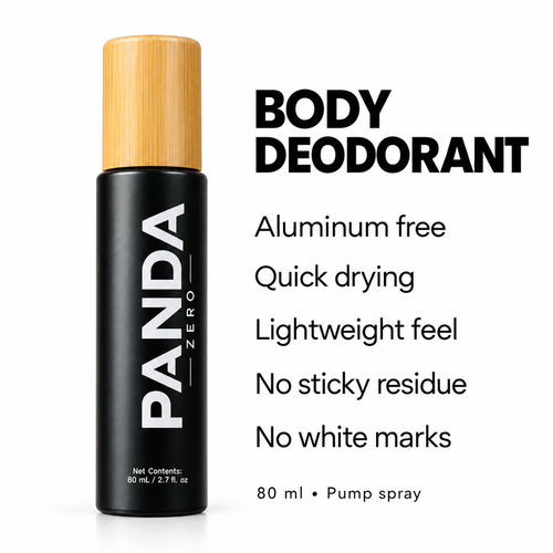 Panda Zero black bottle benefits: aluminum free, quick drying, lightweight, no sticky residue and no white marks